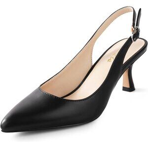 Women's Black Pu Slingback Kitten Heels Closed Pointed Toe Pumps Dress Shoes